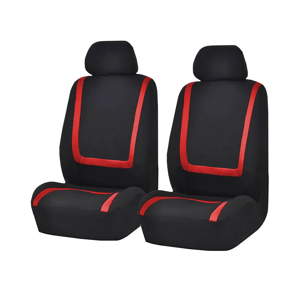 Universal car seat cover set showing headrest and seat panels in beige and black colour combination