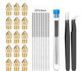 Brass MK8 3D printer nozzle and stainless steel cleaning pin set on a white background.