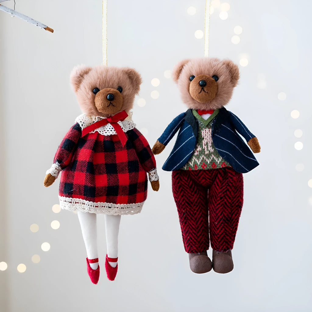 Cotton plaid fabric plush bear dolls in gentleman and princess bear cartoon designs