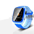 Blue children's smartwatch with touchscreen showing GPS positioning interface on silicone wrist strap