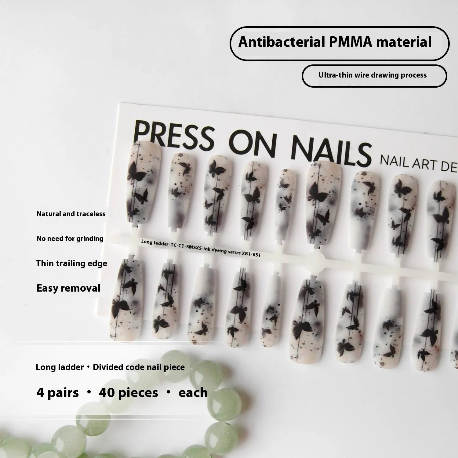 40 pieces ink dyed long ladder nail stickers with glossy seal layer butterfly design
