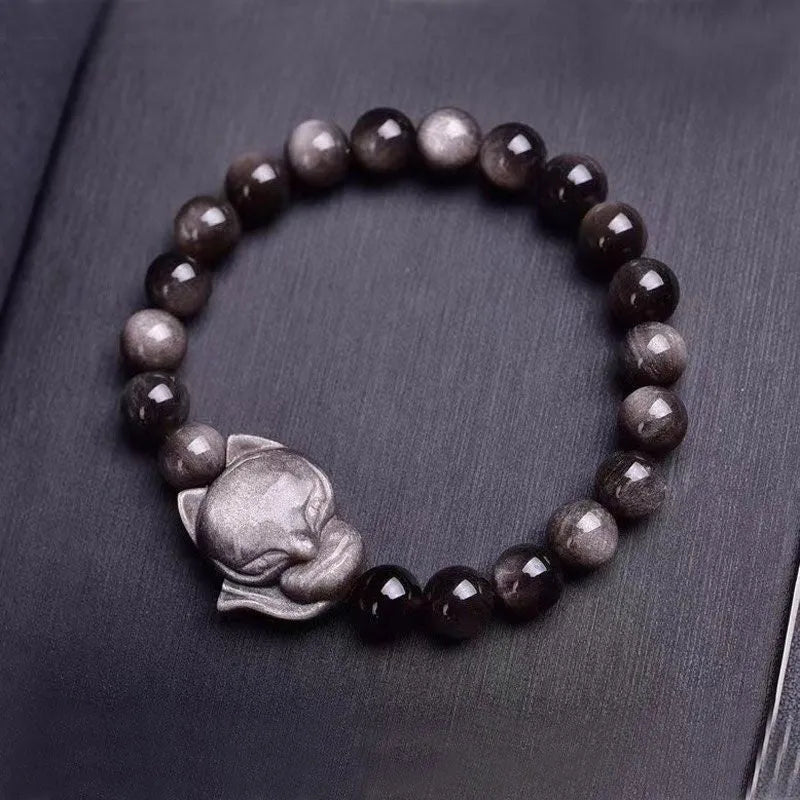 Obsidian Fox single ring bracelet with 8mm black stone bead and silver fox charm on adjustable band.