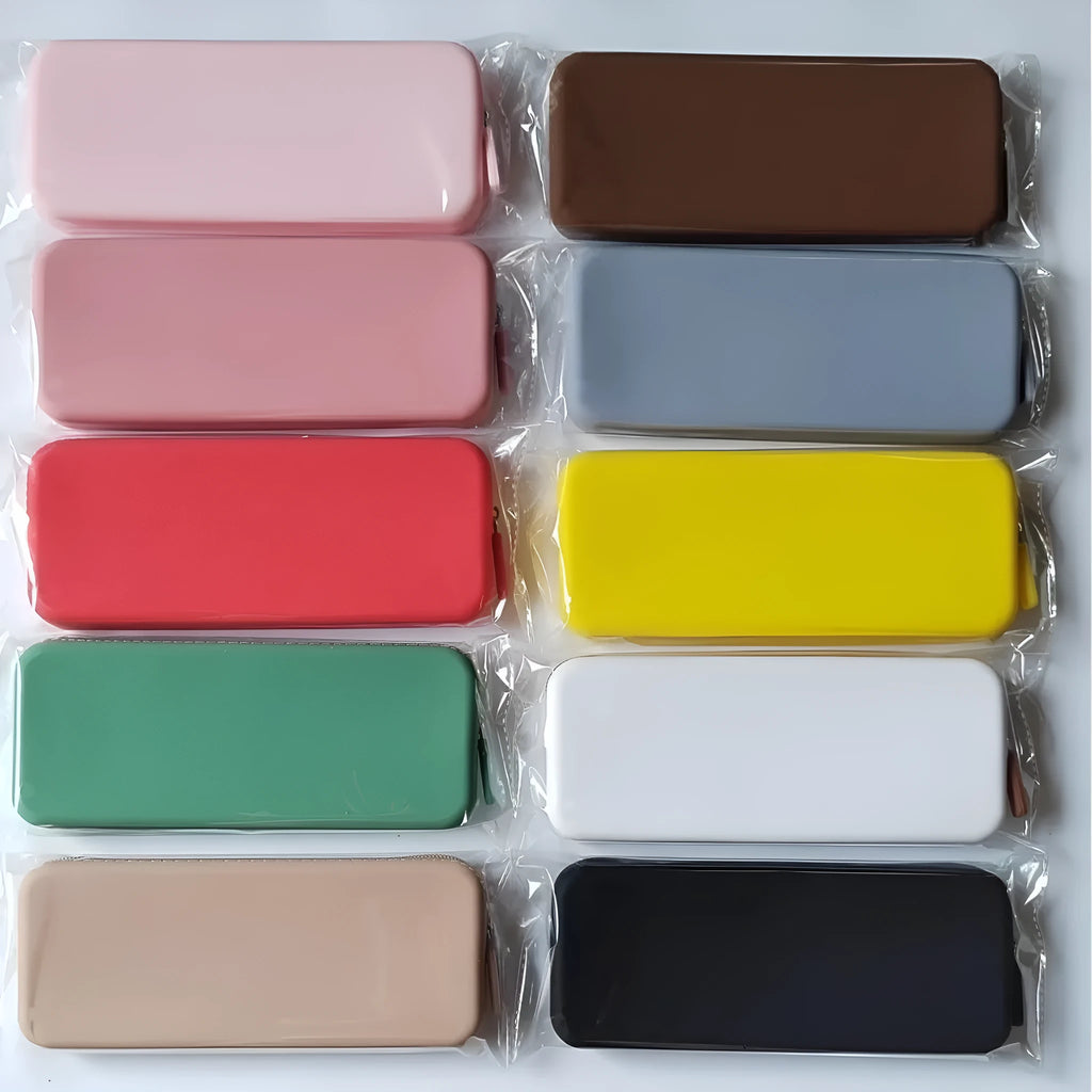 Silicone dustproof makeup brush storage bag in assorted colours, shown with dimensions 20cm by 8cm.