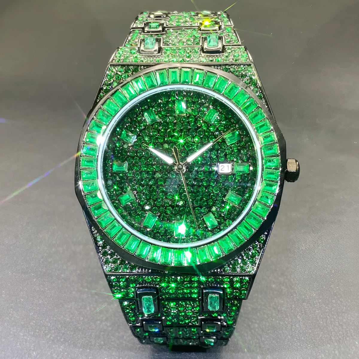 Men's green full rhinestone hip hop quartz watch with 13mm alloy case