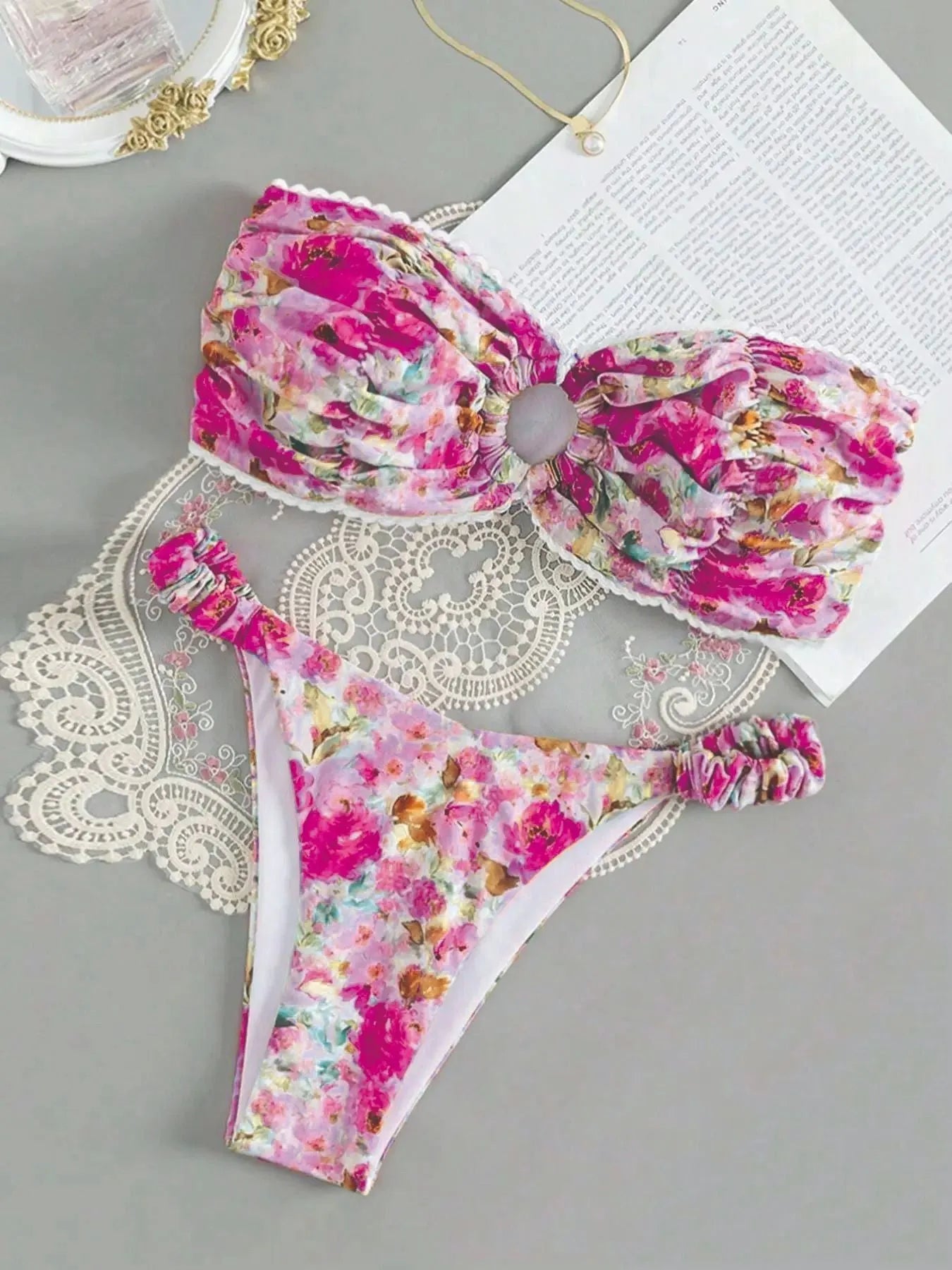 Women's floral print lace detail tube top bikini with matching shorts in blue, yellow, pink, or multi-colour.