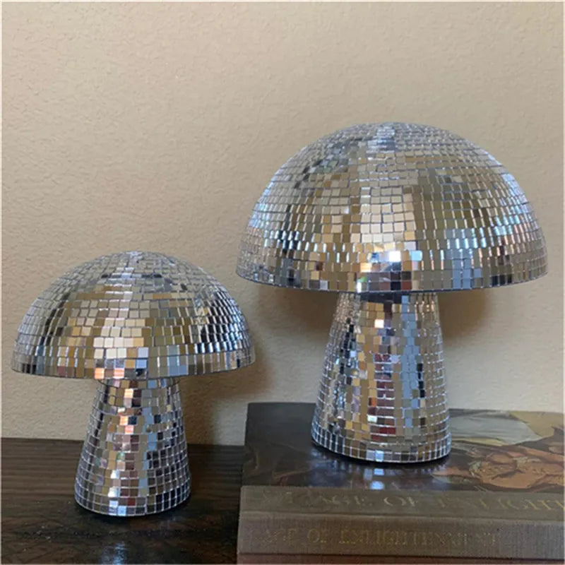 Handmade glass mushroom disco ball ornament with mirror brick upholstery in silver finish small size
