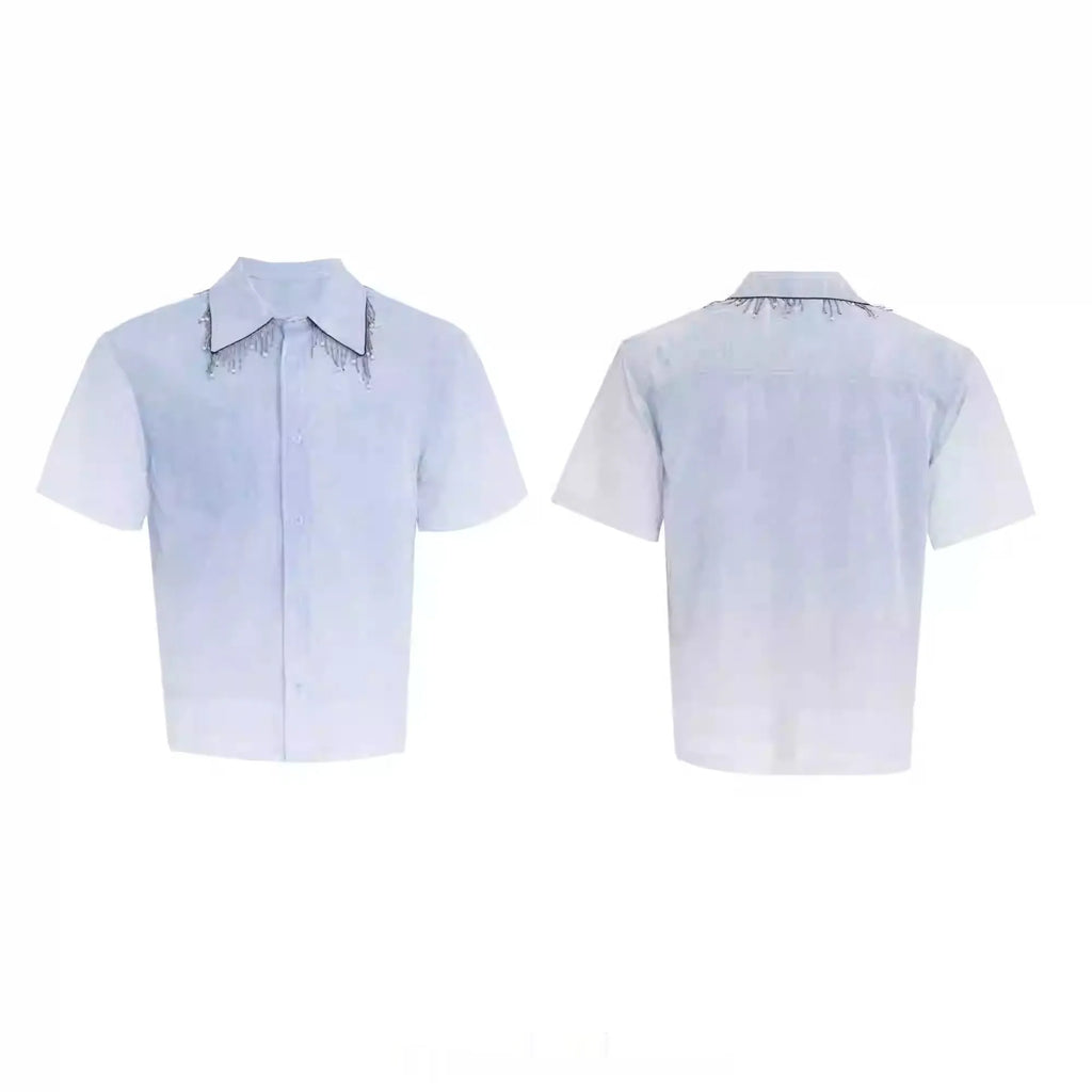 Blue and white gradient loose fit short sleeve casual shirt on a hanger.