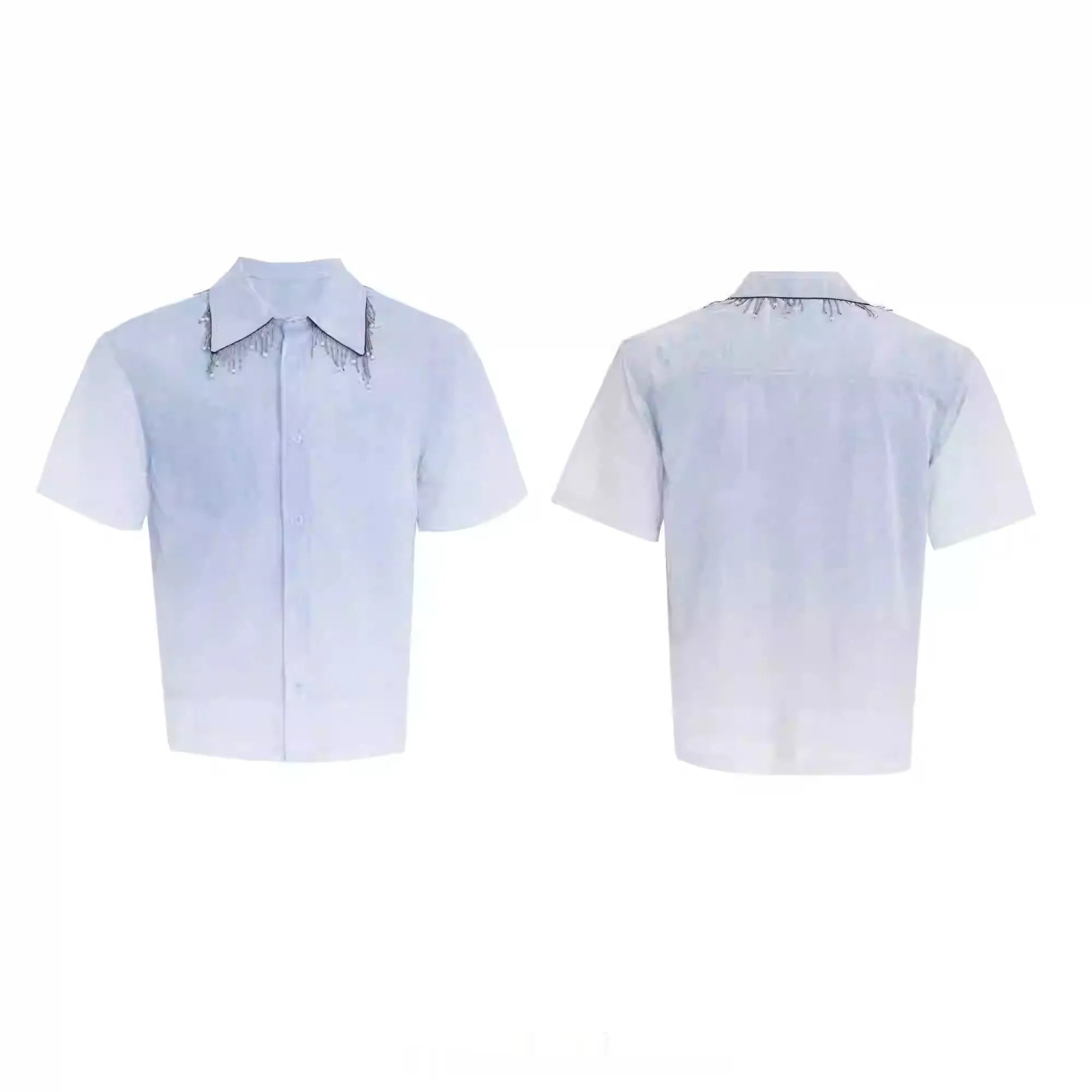 Blue and white gradient loose fit short sleeve casual shirt on a hanger.
