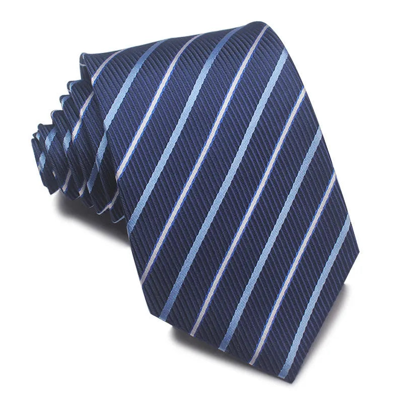 Men's striped jacquard business tie in red, showing arrow head shape and 8cm width.
