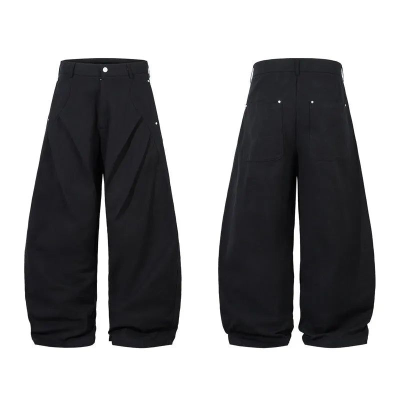 Black men's casual trousers with pleated machete design and wide-leg cut