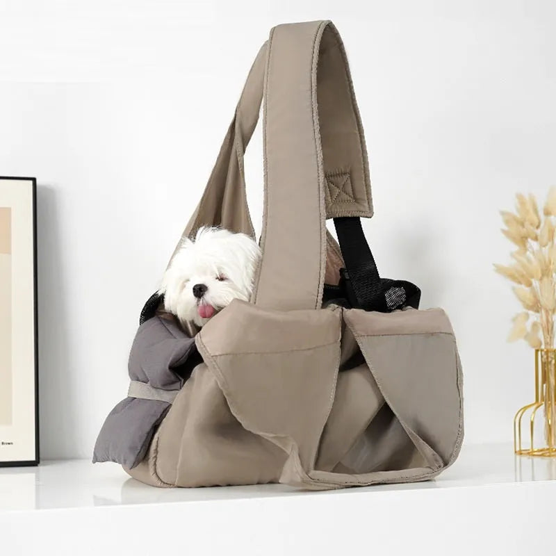 Apricot-coloured cloth pet handbag measuring 41x16x28cm with carrying handles