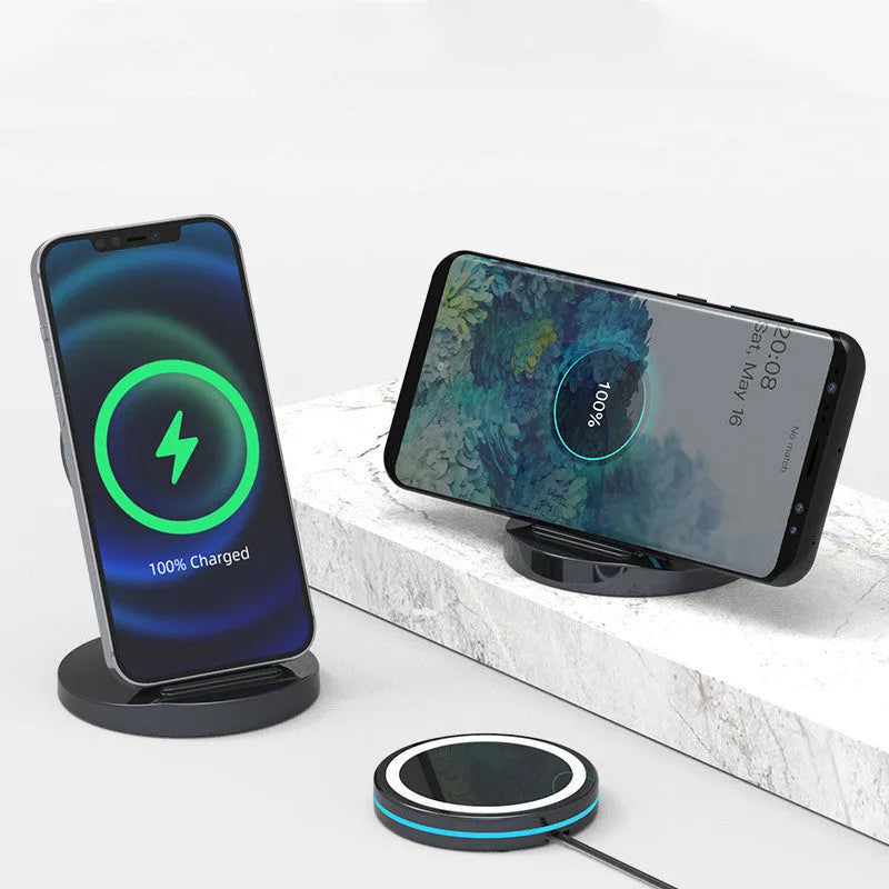 Magnetic wireless charging stand folded and unfolded showing iPhone 12 compatibility and USB connection