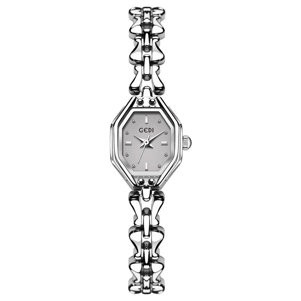 Luxury retro octagonal women's quartz watch with alloy strap and mineral glass dial in steel gold finish