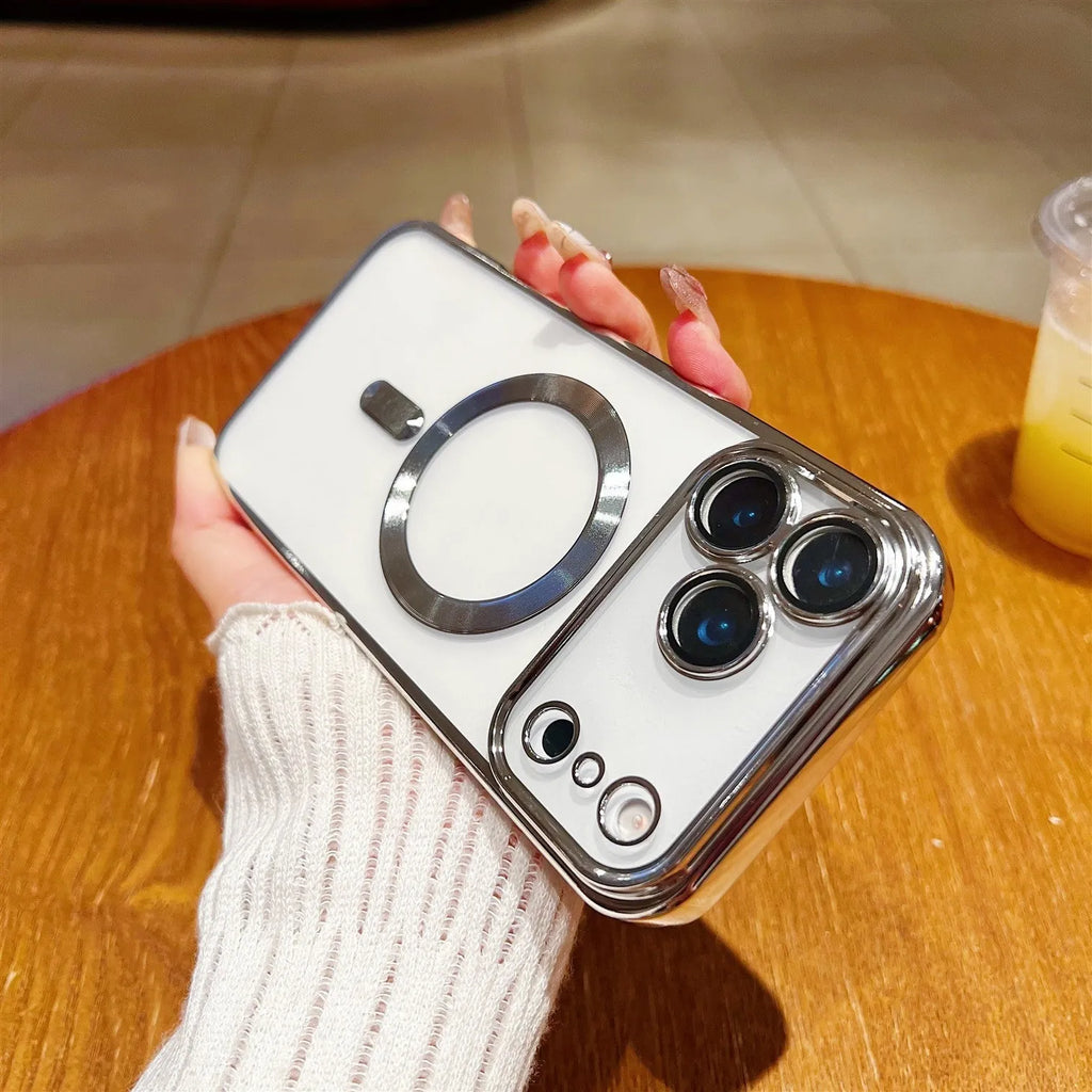 Magnetic TPU iPhone case with transparent lens protector and electroplated tail in black, dark night purple, and far peak blue.