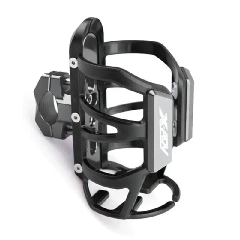 Modified black water bottle cage for Honda X-ADV scooter on handlebars.
