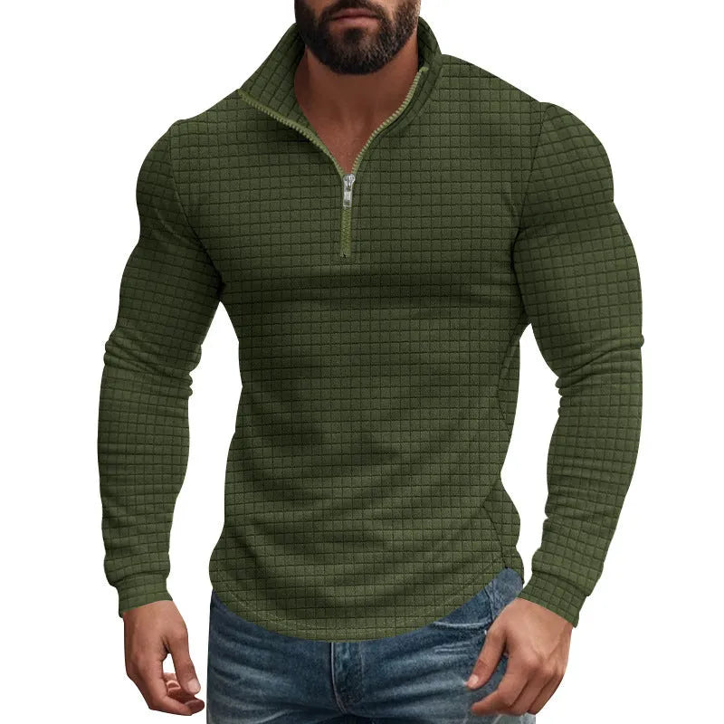 Half zipper small plaid casual stand collar long sleeve sweater in army green on white background