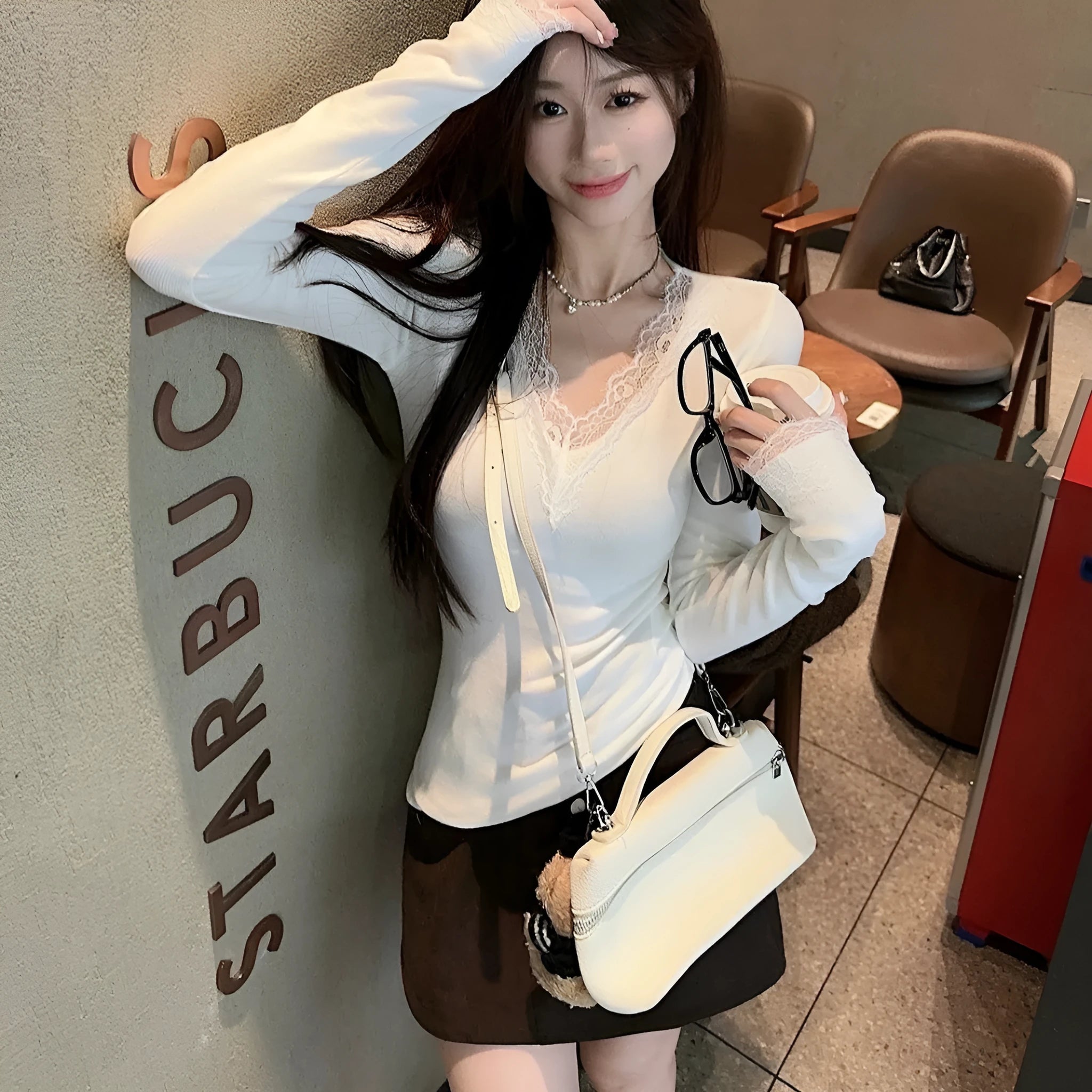 White V-neck Dralon lace stitching brushed long sleeve knitted top for women, slim fit, polyester, front view