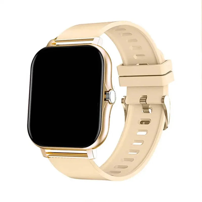 Smart watch with 1.44-inch touch screen showing heart rate and step count display on silicone wrist strap