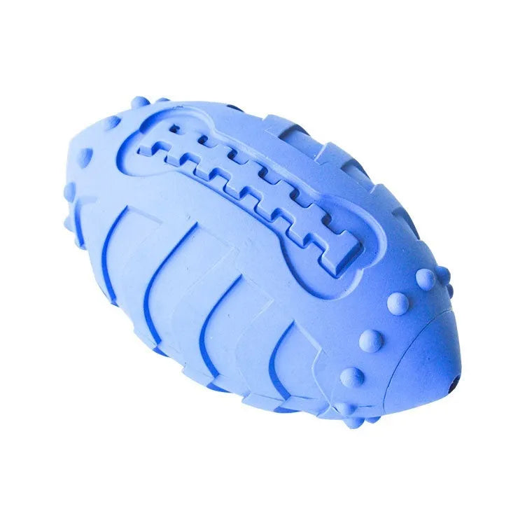 Thickened rubber rugby ball dog toy with squeaker in light green or sapphire blue colour
