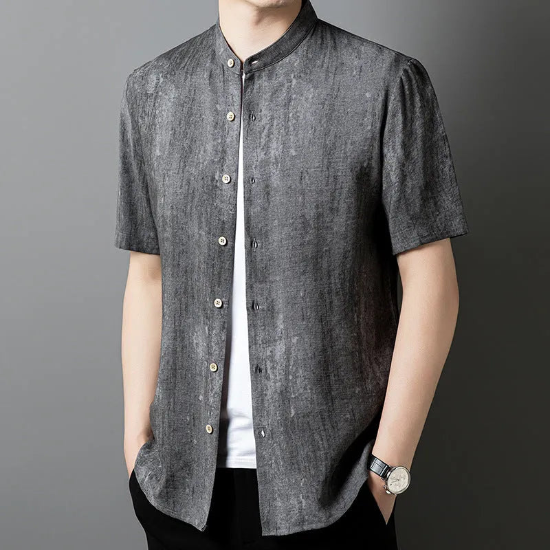 Men's loose-fit linen blend shirt with stand collar in black grey and white grey colour options