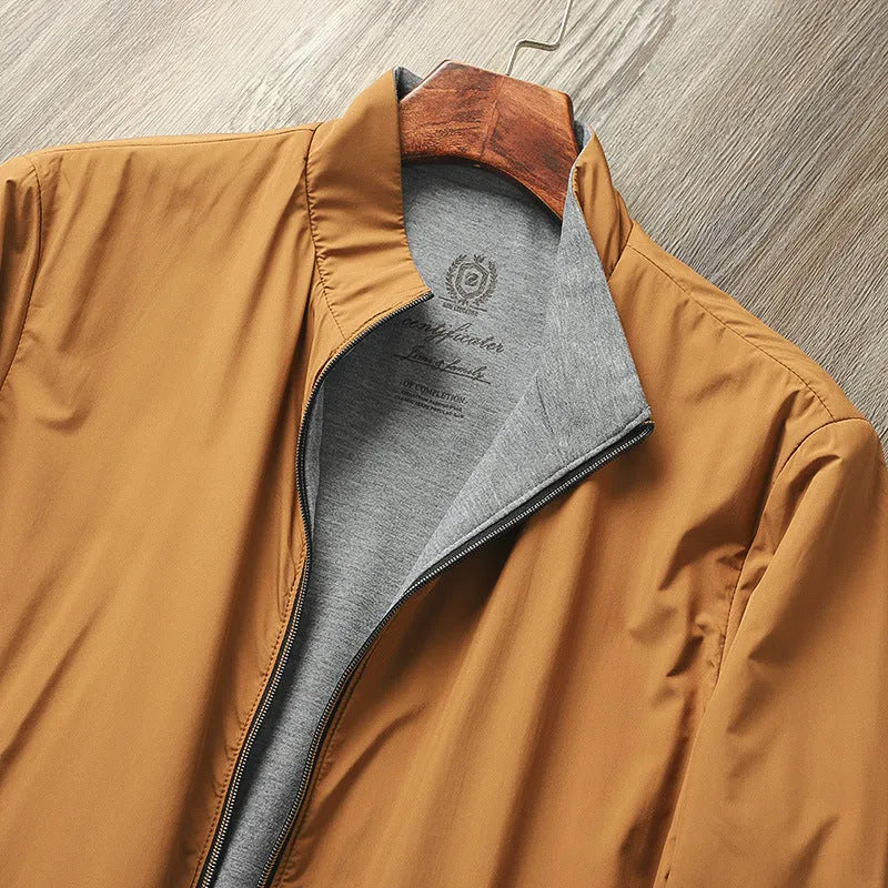 Men's stand collar casual jacket in Army Green, shown on a hanger