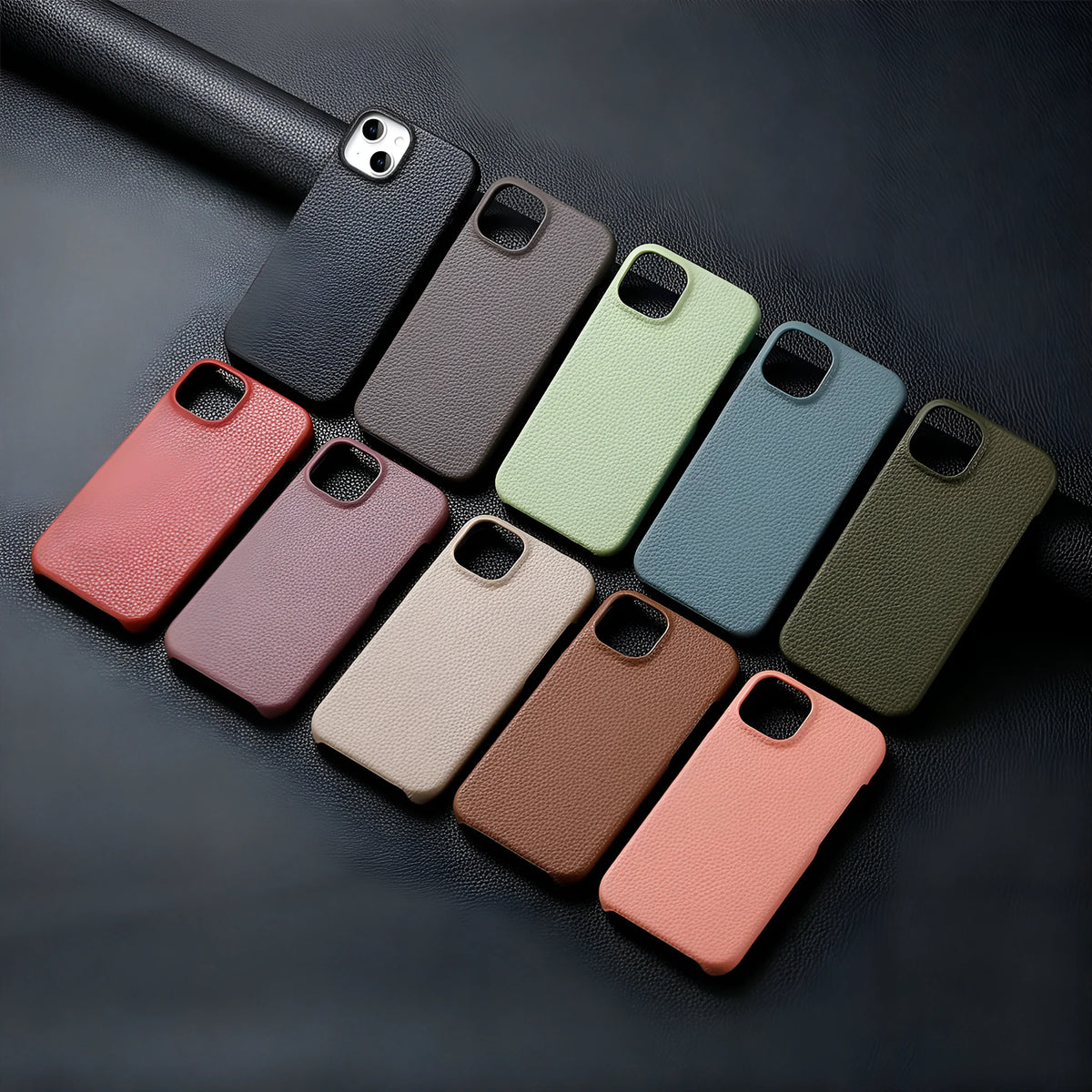 PU leather litchi grain iPhone case in matcha green with airbag and electroplating details