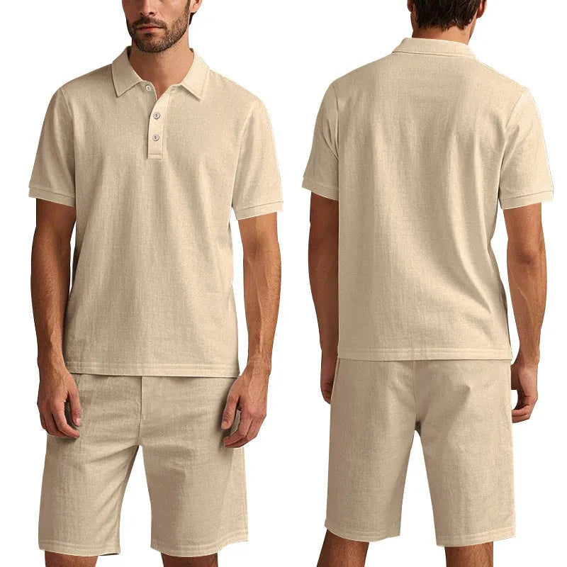 Men's linen blend short-sleeved shirt and matching shorts suit set in multiple colour options