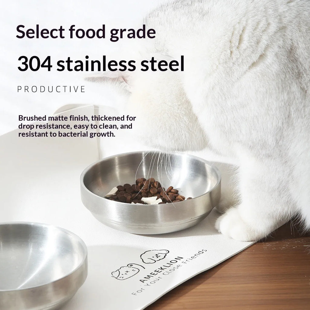 Inclined stainless steel cat feeding bowl on black magnetic stand with bear design