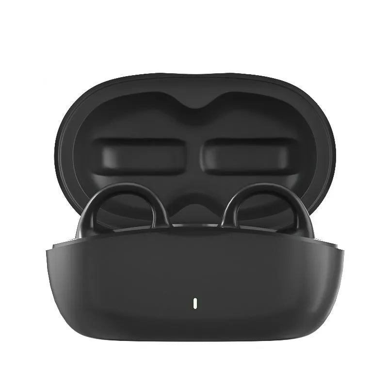 Black true wireless bone conduction sports headset with clip design and charging case