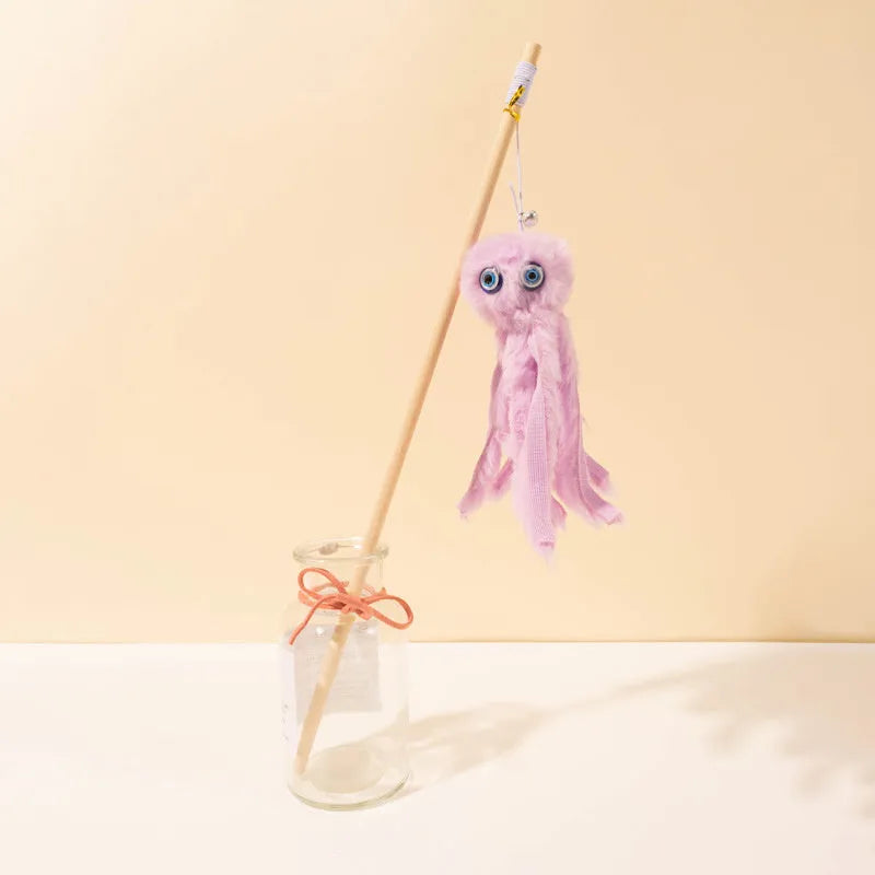 Octopus cat toy on 40cm stick in bright colours for indoor feline entertainment