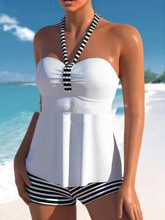 Women's black and white striped off-shoulder swimsuit with briefs bottom