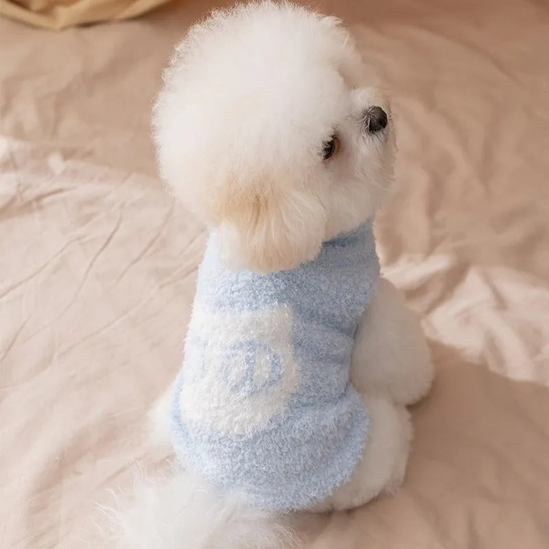 Cute owl face pet sweater in blue and purple, soft plush winter pullover for cats and small dogs, XS S