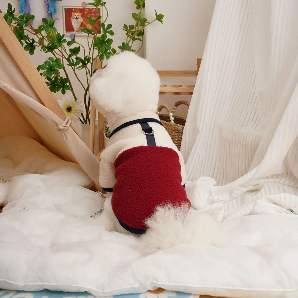 Lambswool Berber fleece pet sweatshirt for dogs in caramel, dark green, or wine red, sizes S to XXL.
