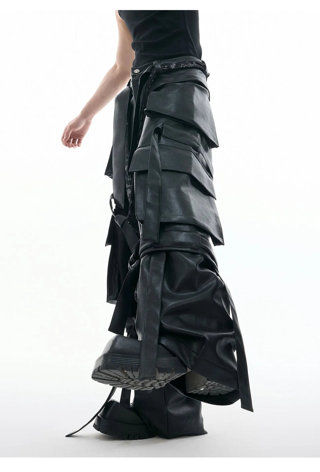 Black loose-fit retro trousers with quilted detailing and multiple pockets