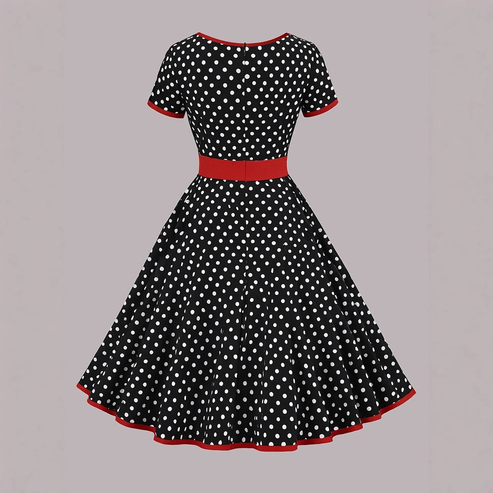 Multicolour polka dot dress with square collar, short sleeves, front zipper, and pleated midi skirt on a hanger.