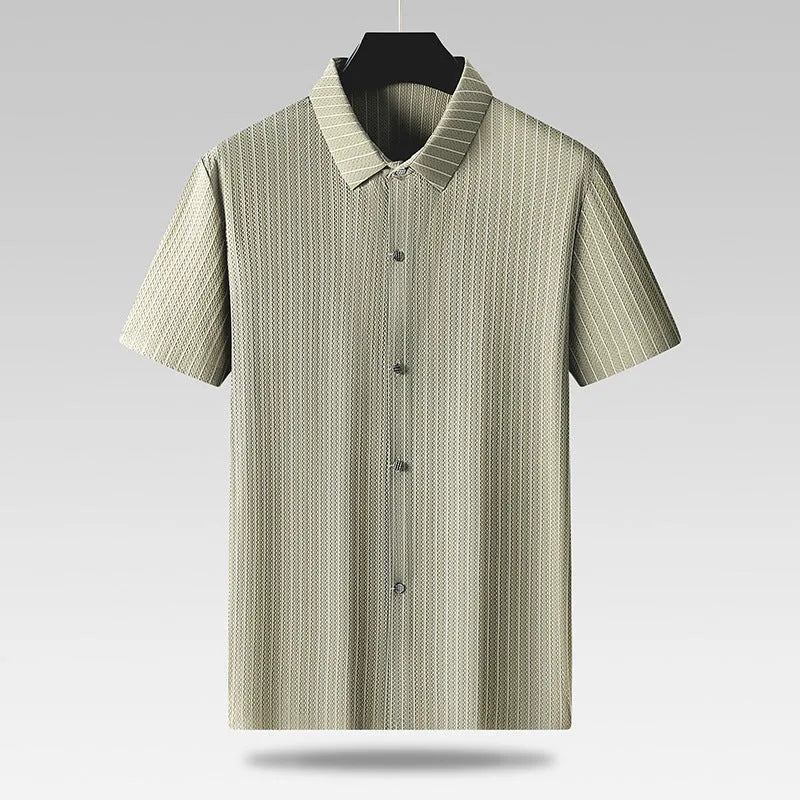 Man wearing a black and khaki striped loose-fit plus size casual shirt with a square collar.