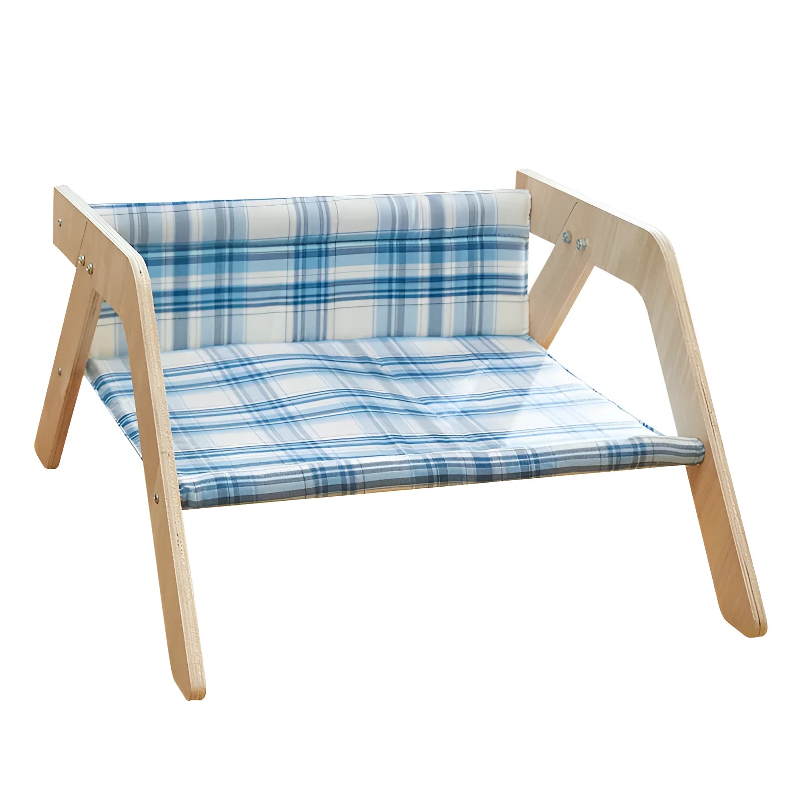 Elevated wooden cat bed with blue cloth hammock in beach chair style