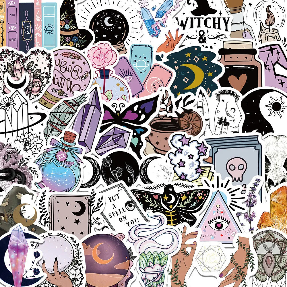 Bohemian wizard graffiti stickers, 50-sheet pack, PVC matte film, 5-7cm retro style in three colour options.