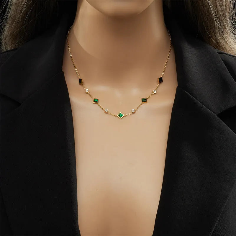 Gold titanium steel necklace with U-shaped pendant, square emerald zircon, and cross chain, 41-50cm.
