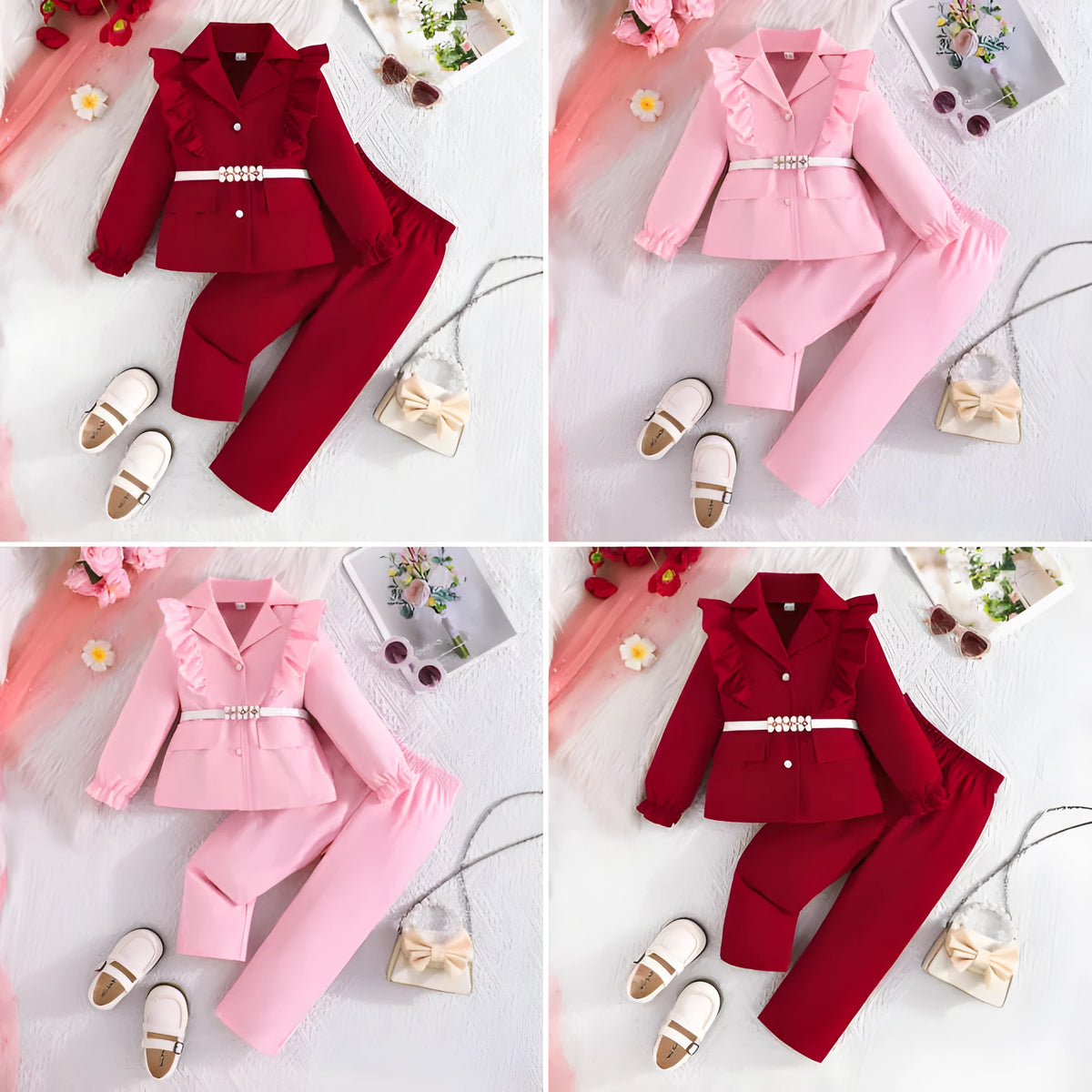 Girls' three-piece outfit with long-sleeved white belt top, ruffled blazer and full-length trousers in two colours