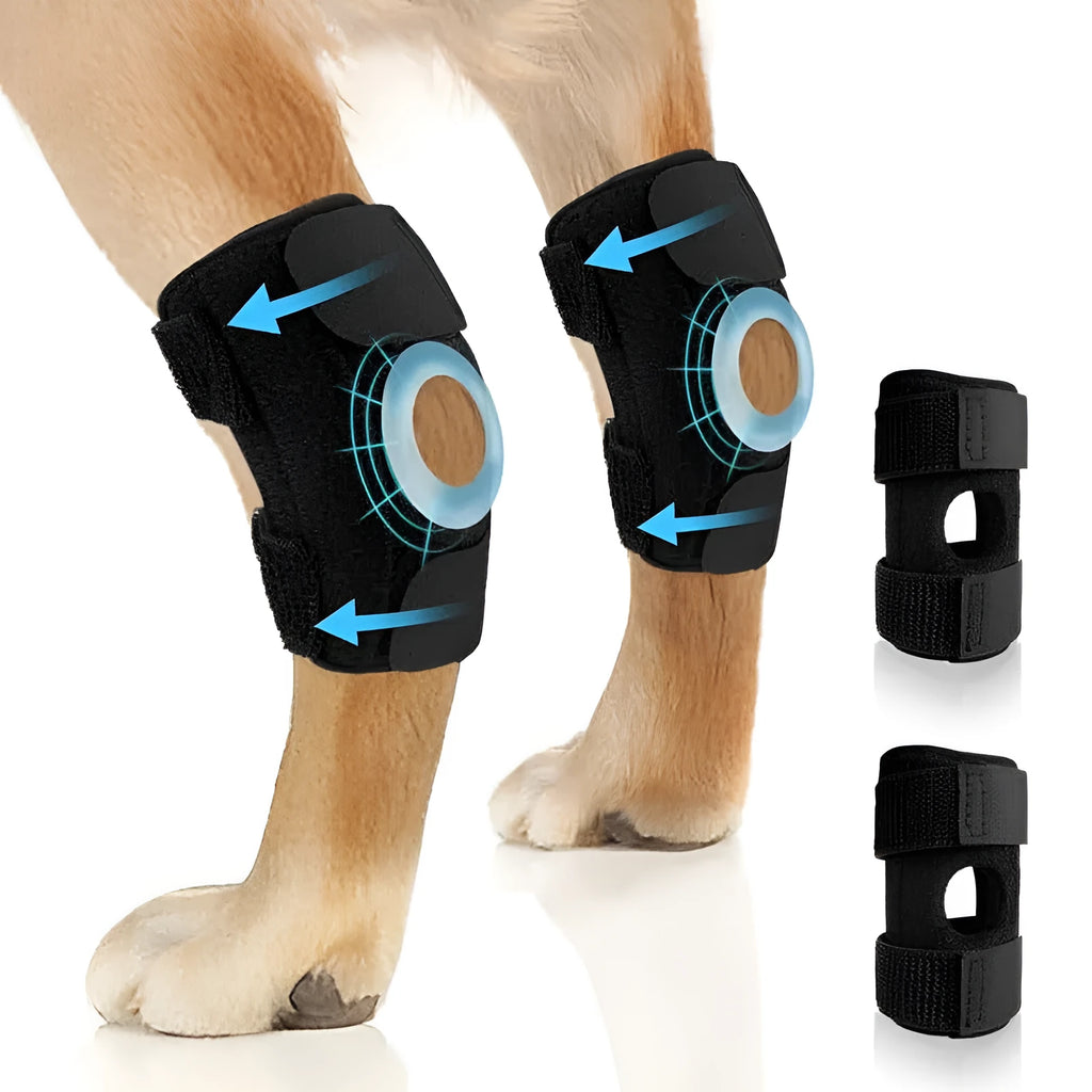 Black polyester pet leg guard for dog ACL support or cat joint protection.