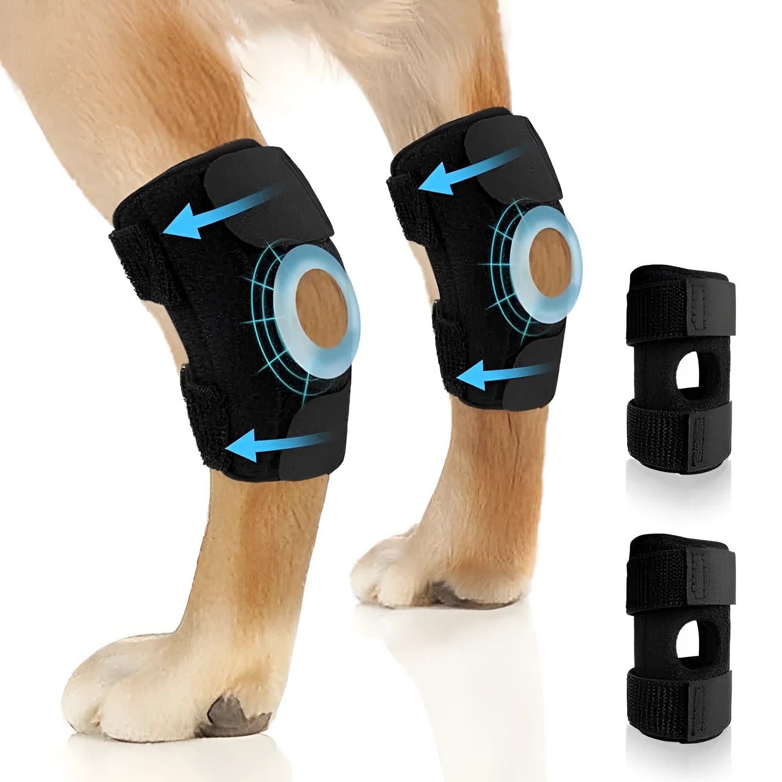 Black polyester pet leg guard for dog ACL support or cat joint protection.