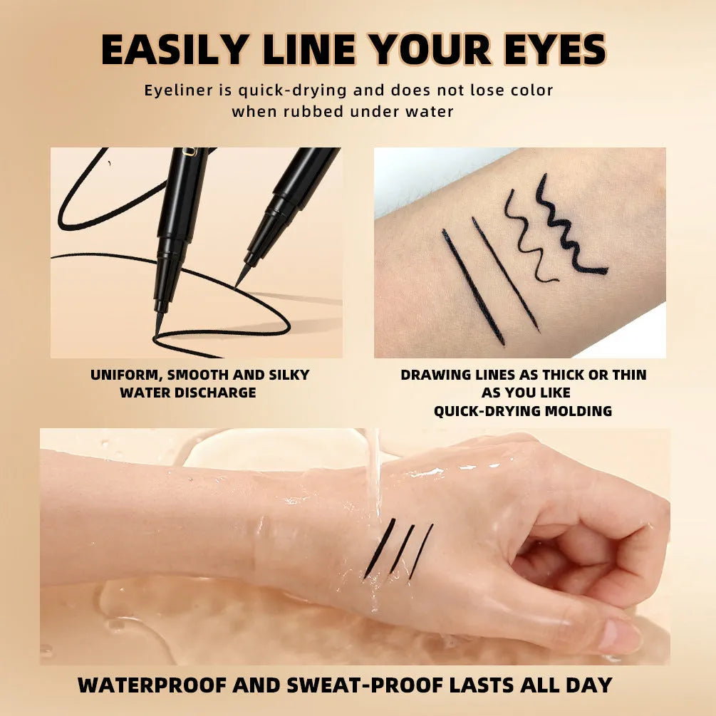 Black liquid eyeliner pen with sweat-proof quick-drying formula and fine tip applicator