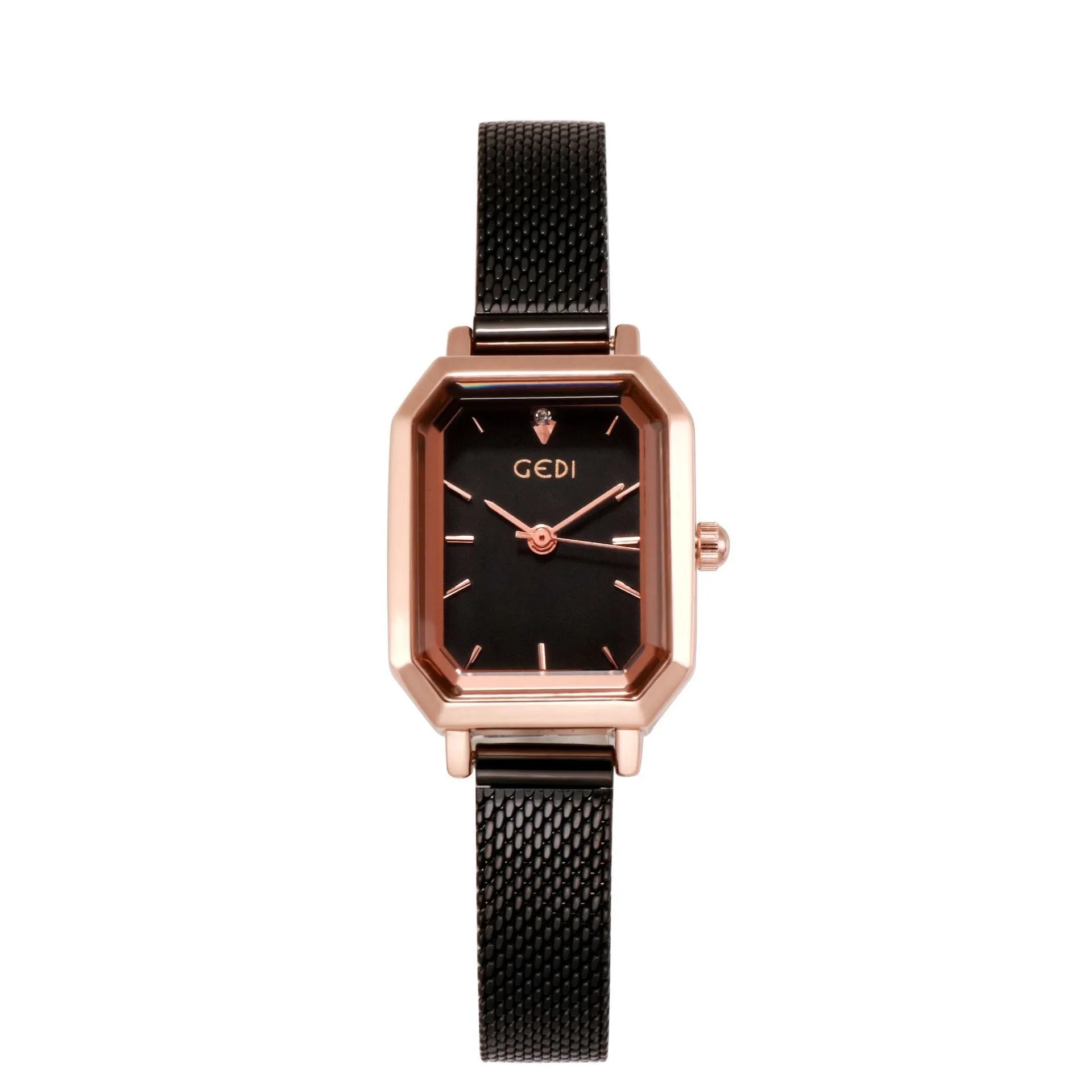 Women's square casual retro watch with rose gold shell and thin 8mm profile on wrist.