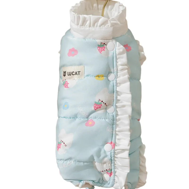 Cream fleece pet jumpsuit with bear print and white ruffles, four-legged design on small dog