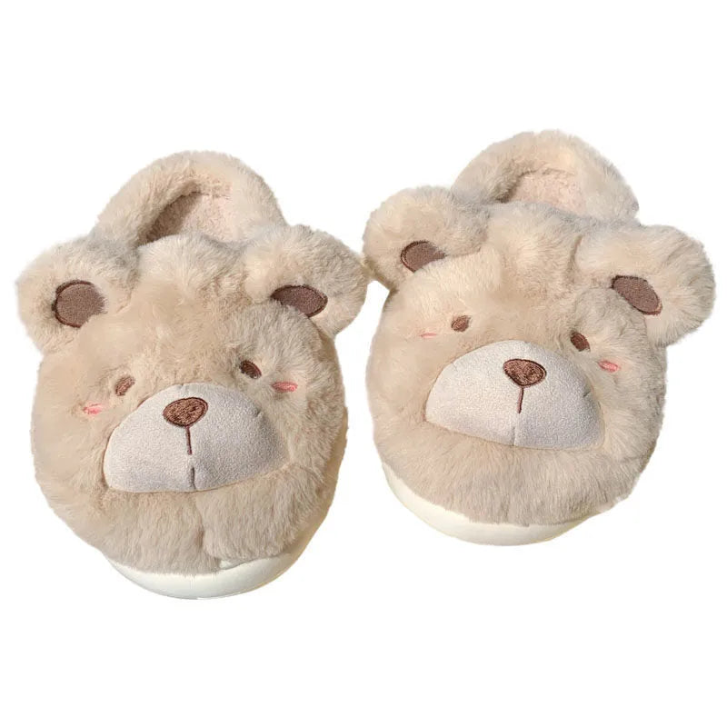 Women's warm plush suede slippers with round toe and cartoon pattern in three colour options