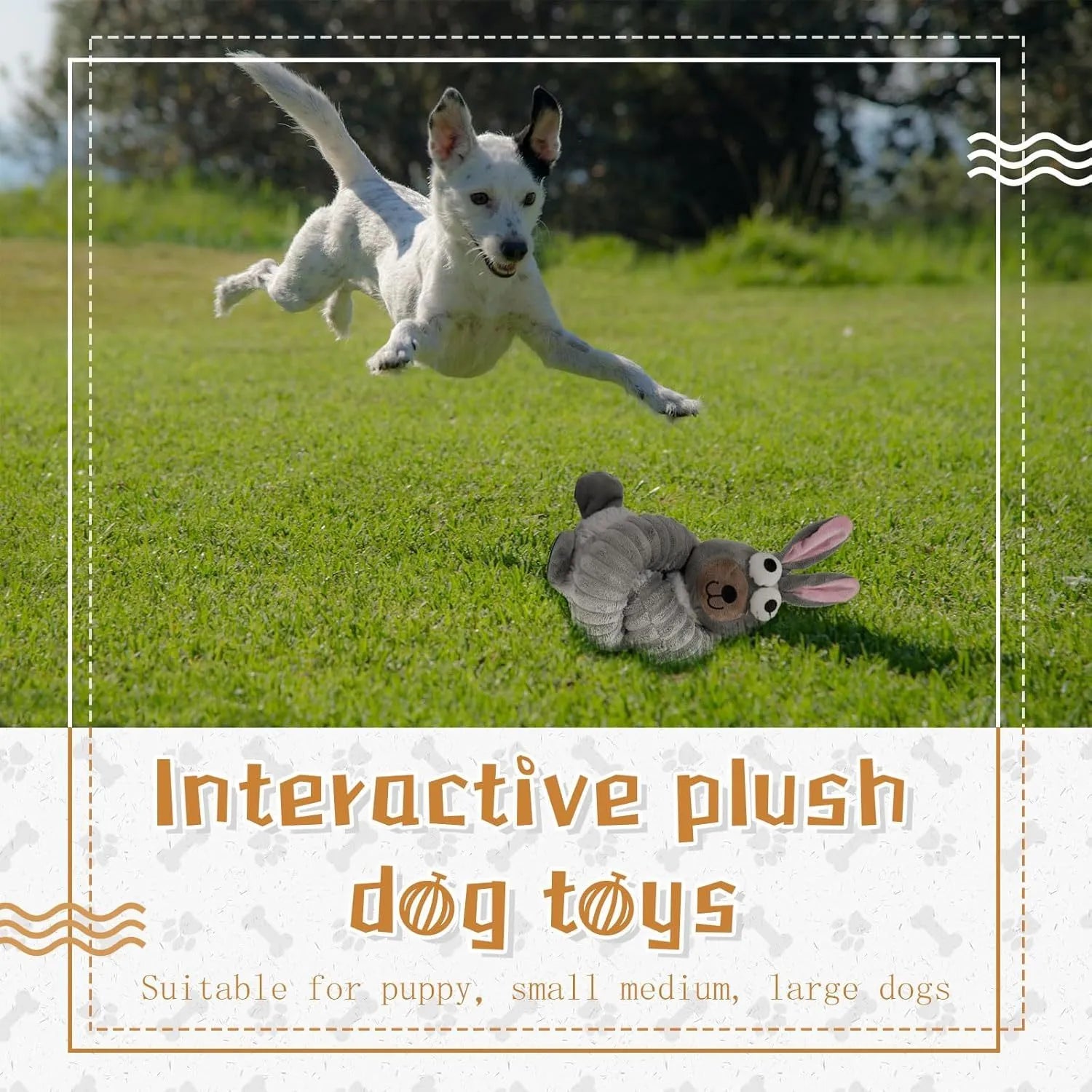 Plush stuffed squeaky dog toy with crinkle material in brown, grey and yellow colours for teething and play