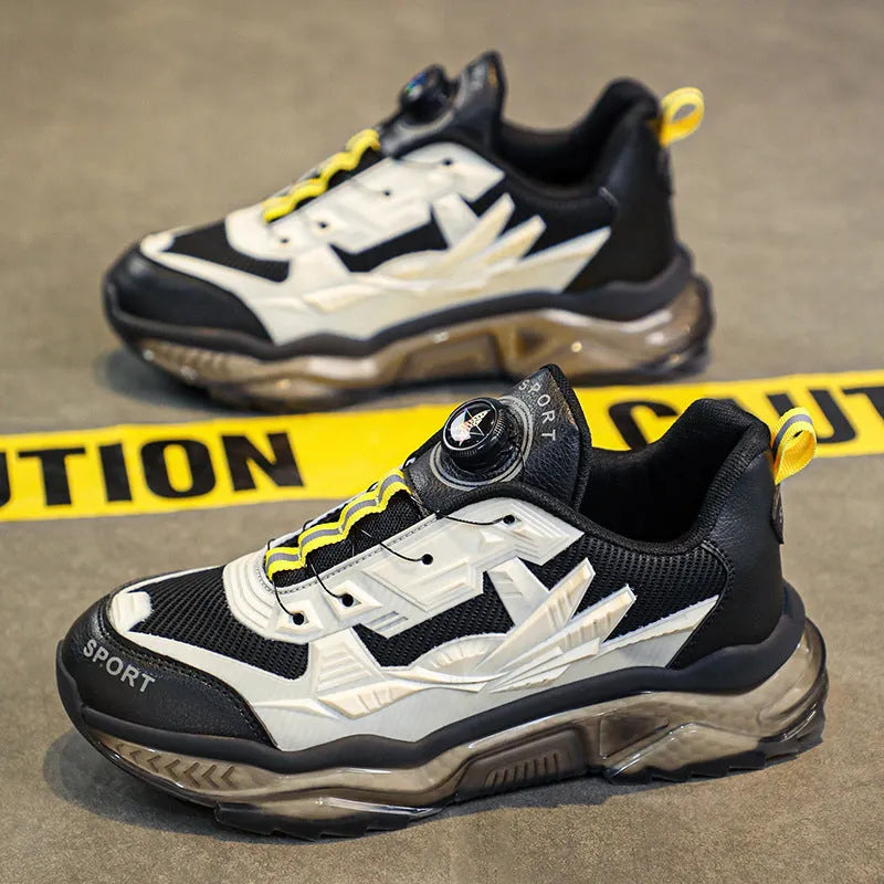 Men's black rotating button casual shoes with mesh upper and platform soles for height increase