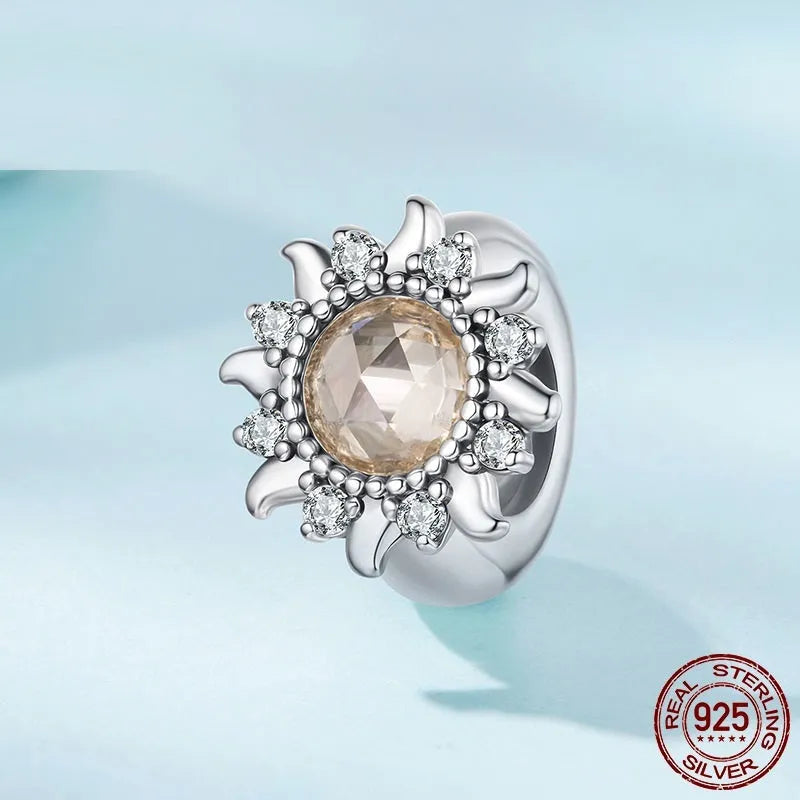 S925 sterling silver sunflower silicone positioning spacer bead on white background, 0.9cm size, SCC3163