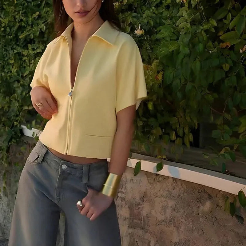 Damascus loose casual jacket in yellow shown on a model, featuring short sleeves.